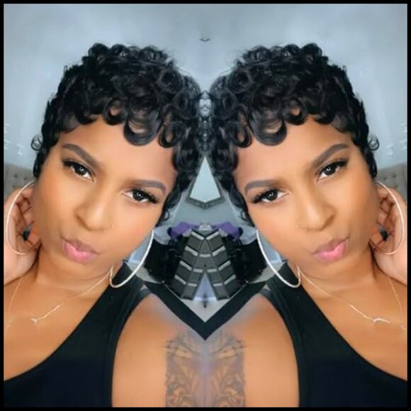Glueless Human Hair Pixie Cut Wig Curly Wave Layered With Bangs Daily Wear